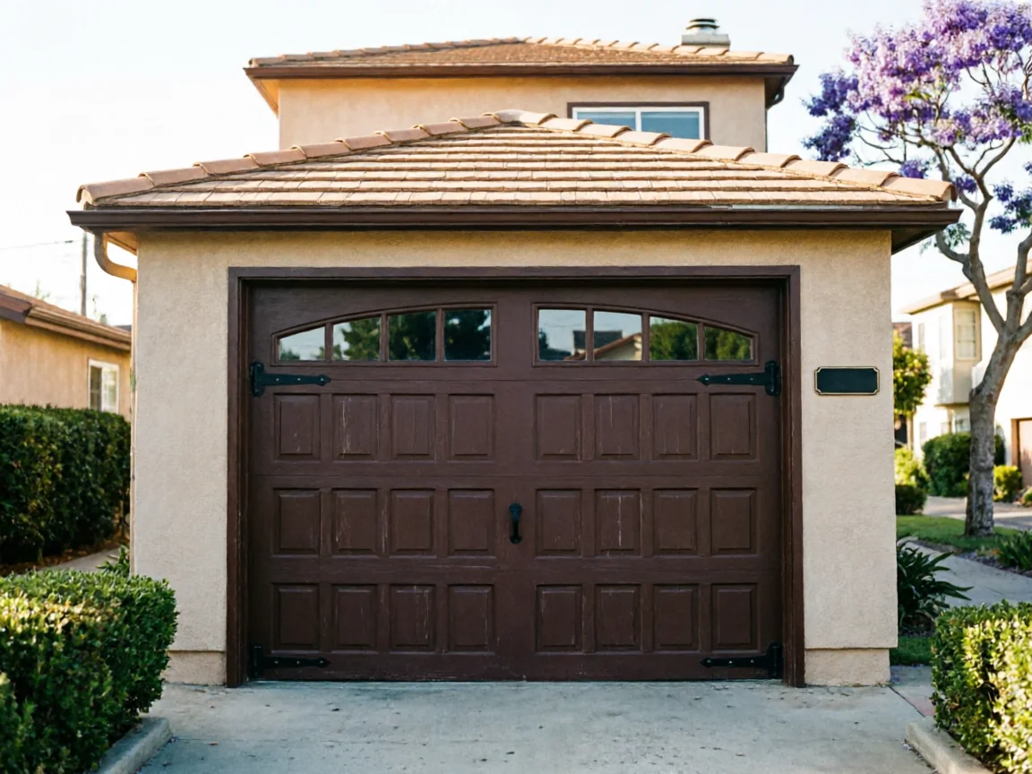 A brown garage door with arched windows is on a tan house.