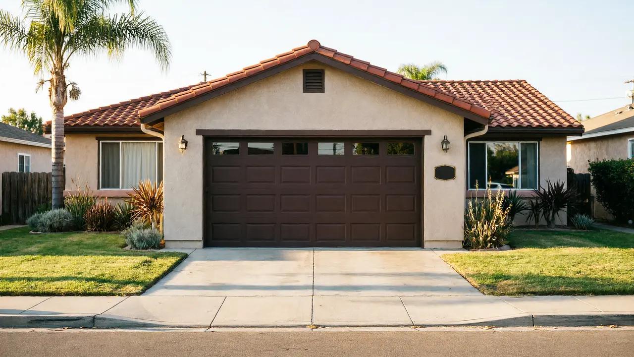 The house has a brown garage door with windows and a red tile roof.