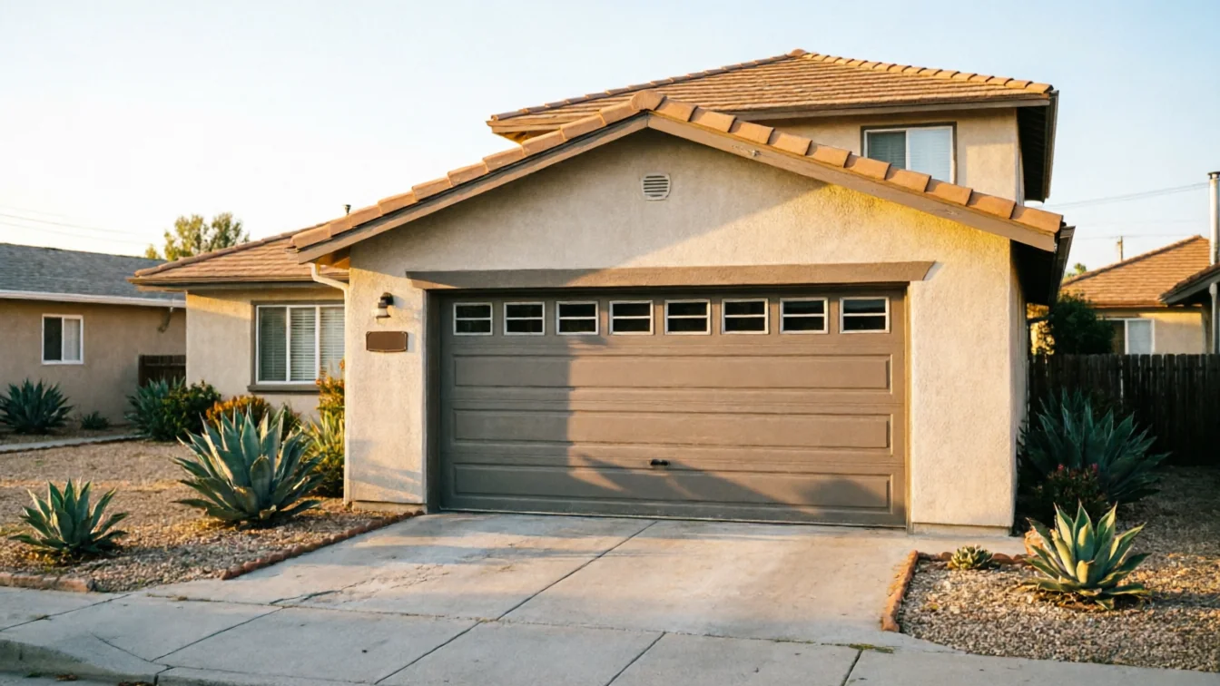 The house has a brown garage door with windows and a concrete driveway.