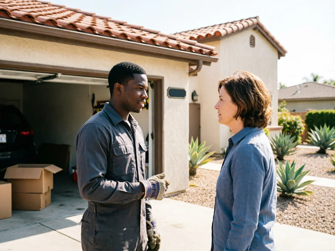 A technician in a gray uniform talks to a woman in a blue shirt outside a house.