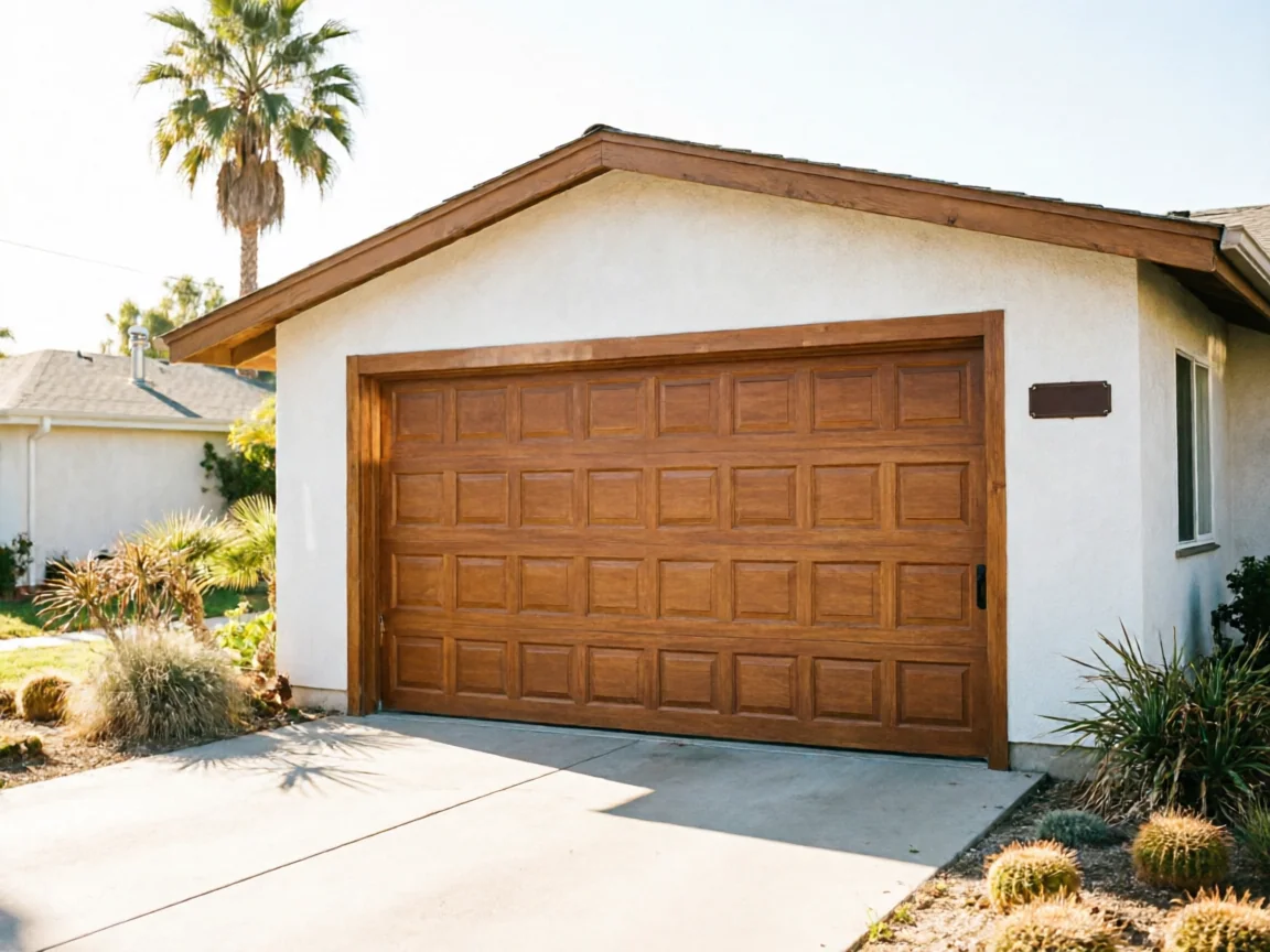 The house has a brown paneled garage door and a white stucco exterior.