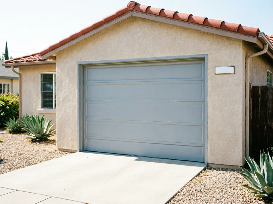 The house has a light gray garage door, a stucco exterior, and a red tile roof.