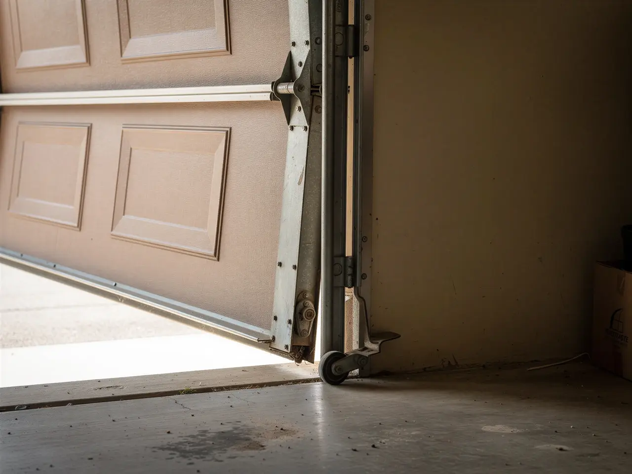 The garage door is off its track, with the bottom panel angled inward.