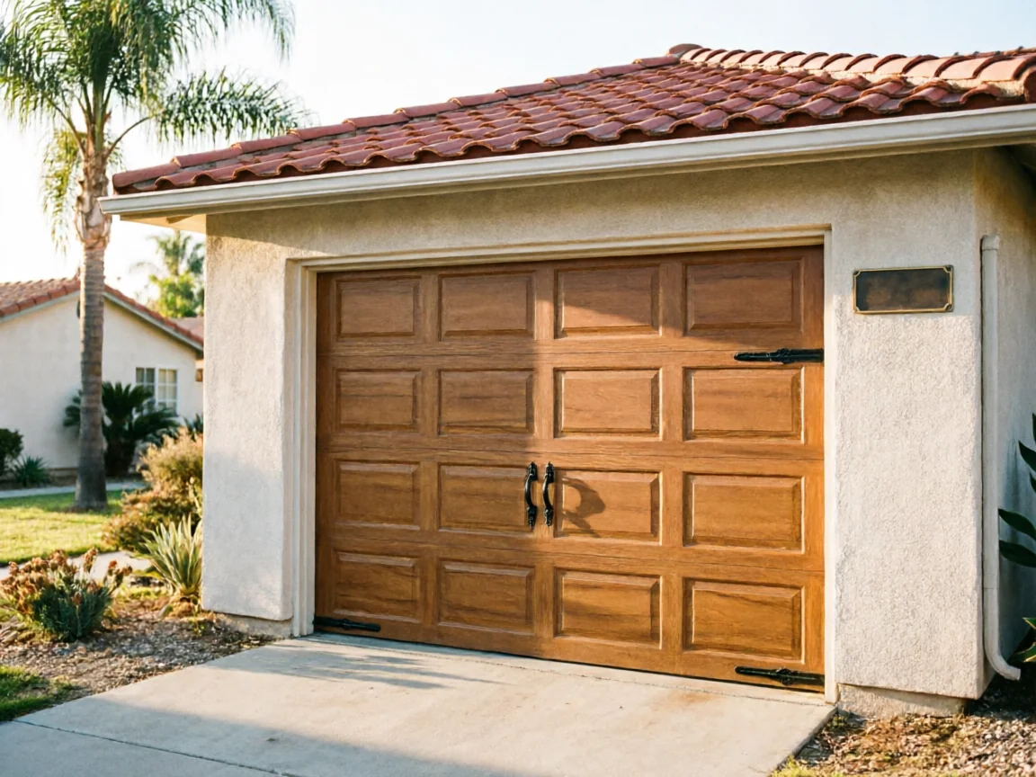 A brown paneled garage door with decorative black hardware on a stucco house.